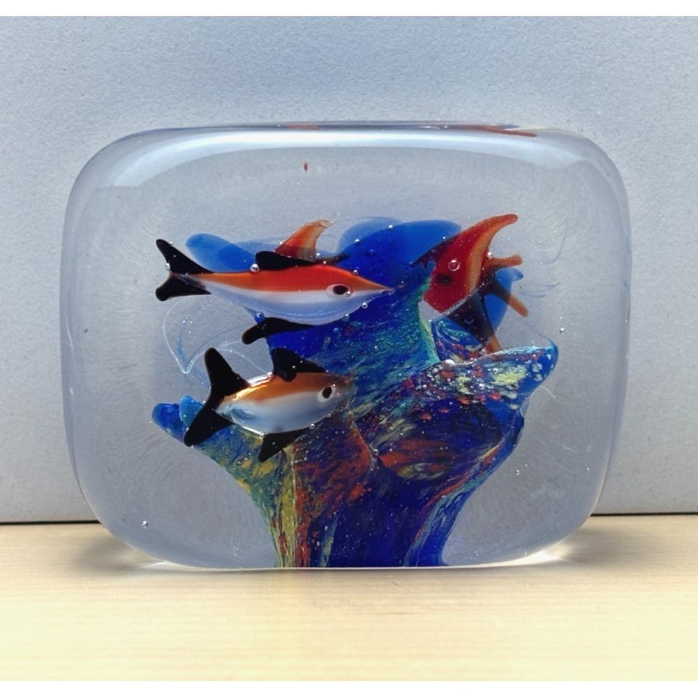 Art Glass Aquarium Fish Paperweight Rectangular Block Fish Blue Multicolor Dec